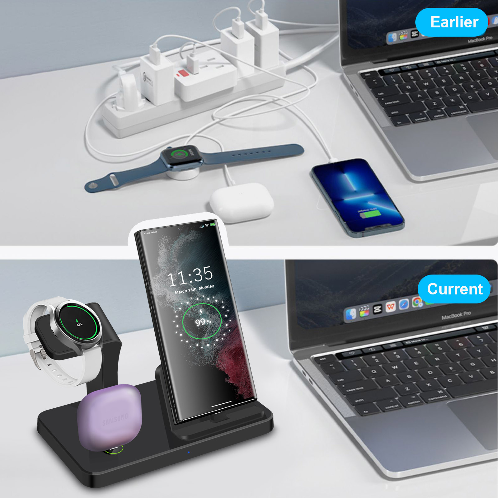 Desk 3 in 1 Type C Port Wirele - Wireless Charger 3 In 1 ulasan dan harga